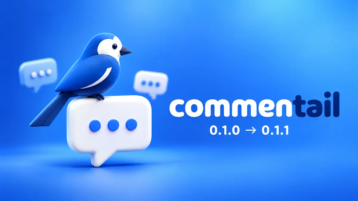 The blue Commentail bird perched on a speech bubble, with versions 0.1.0 and 0.1.1