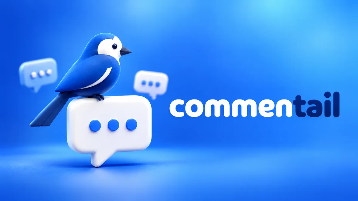 Синяя птица Commentail на облачке комментария и название библиотеки на синем фоне