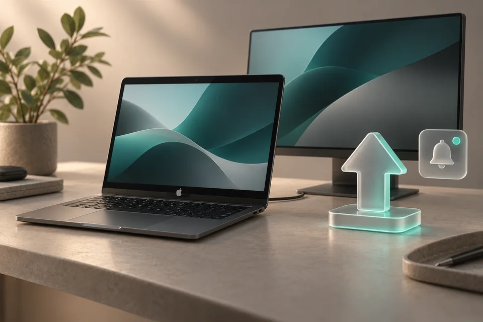 Ноутбук Mac и внешний дисплей со стрелкой обновления и значком уведомления