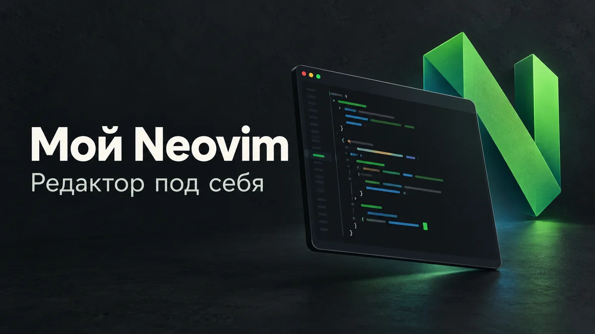 Надпись «Мой Neovim — Редактор под себя», окно редактора и зелёная буква N на тёмном фоне.